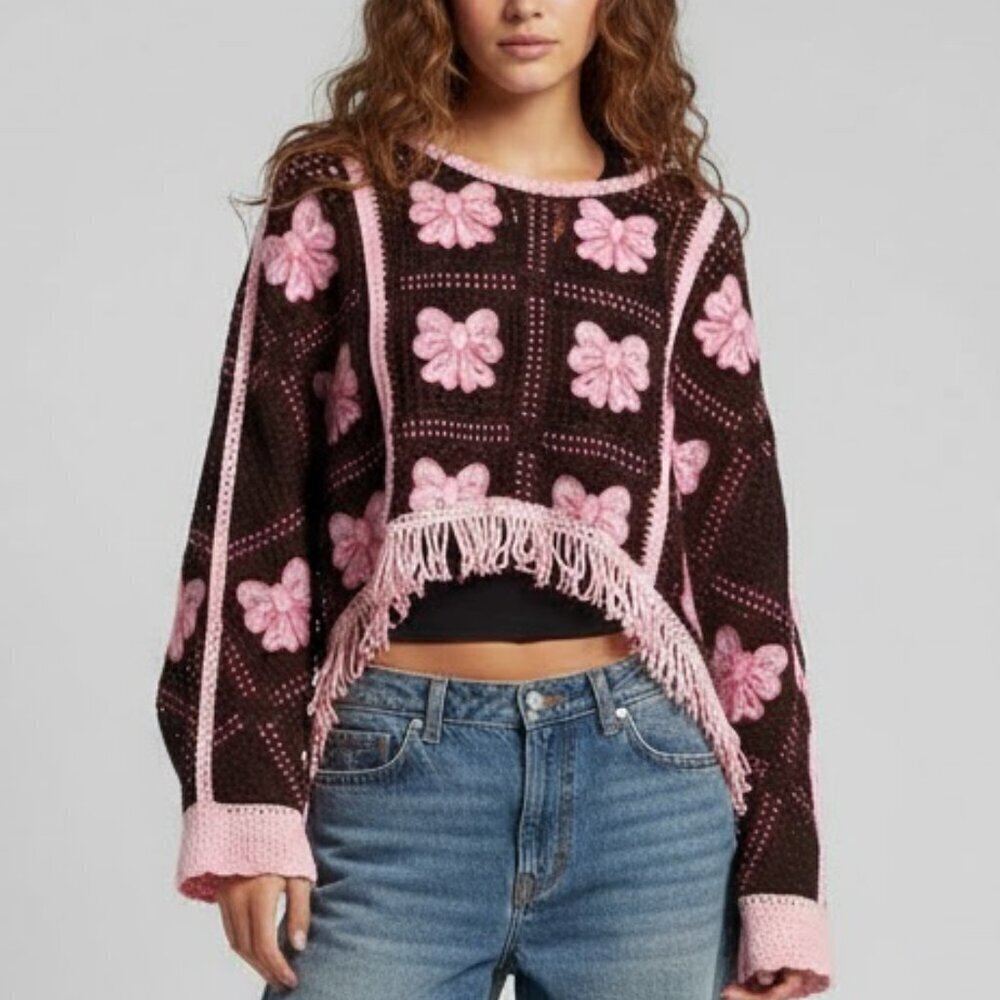NWT House of Harlow 1960 Brown & Pink Bows Crochet Fringe Shrug On Poncho Shawl